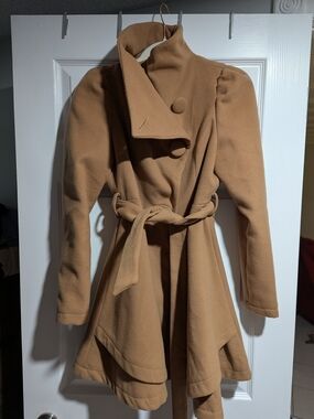 Women's Camel Asymmetrical Tie-Waist Coat